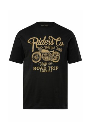 Černé bavlněné tričko s grafickým zlatým textem a designem motocykla. Obsahuje "Riders Co., Motorcycle Supply, Route 66, Road Trip, Amerika."