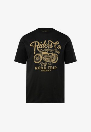 Schwarzes Baumwoll-T-Shirt mit goldener Grafik und Motorraddesign. Enthält "Riders Co., Motorcycle Supply, Route 66, Road Trip, Amerika."