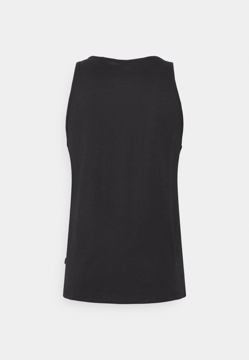 Débardeur noir sans manches en tissu lisse, avec un col rond et un ourlet légèrement incurvé. Design simple et minimaliste.