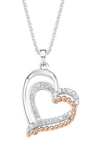 Silver heart pendant with a twisted design, featuring rose gold accents and sparkling gems. Chain is textured and linked.