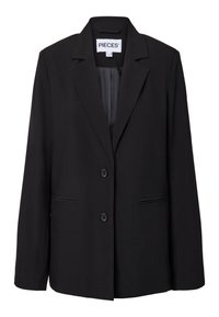 Blazer noir ajusté avec deux boutons, revers à encoche, poches passepoilées devant et étiquette intérieure visible indiquant "PIECES.".
