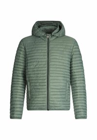 Polstret hættejakke i blød grøn, med kviltet tekstur og en frontlynlås. Letvægtsmateriale, velegnet til afslappet brug.