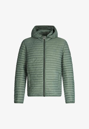 Pufīgs kapucejams mētelis maigi zaļā krāsā ar izšūtu struktūru un priekšējo rāvējslēdzēju. Viegls materiāls, piemērots ikdienas valkāšanai.