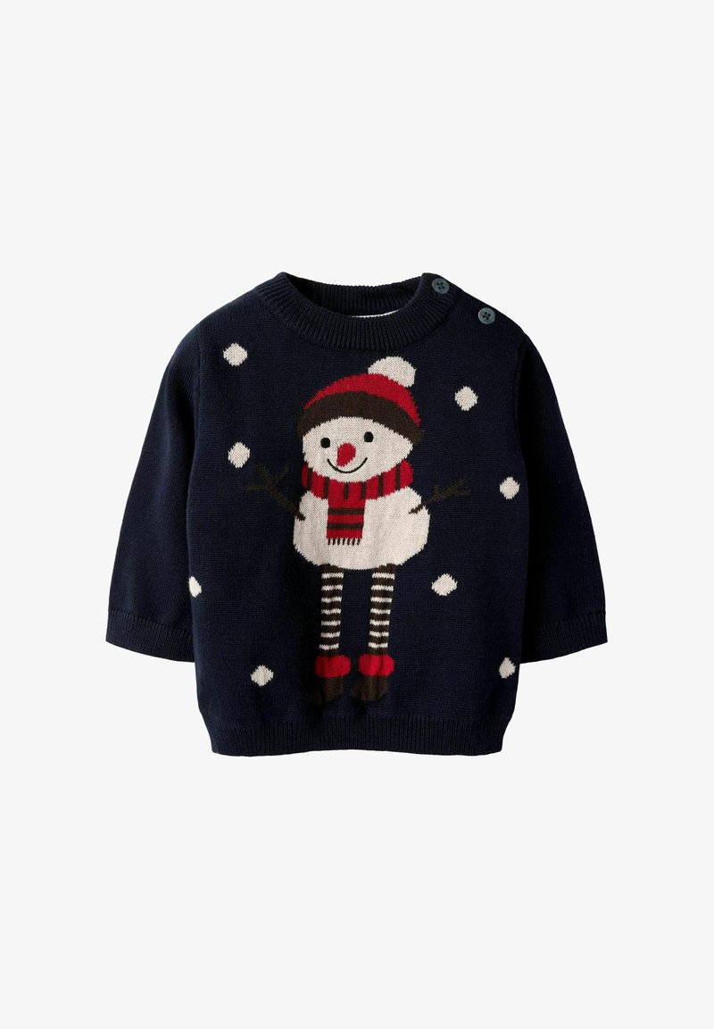 Granatowy sweter z dzianinowym wzorem bałwana w czerwonej czapce i szaliku, białymi płatkami śniegu oraz paskowanymi czarno-białymi rękawami.