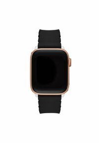 Smartwatch z prostokątnym czarnym ekranem, elegancką różowo-złotą obręczą i matowym czarnym paskiem silikonowym z teksturowanym wzorem.