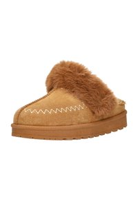 Tan suède pantoffel met een faux fur kraag, zigzag witte stiksel en een gestructureerde rubberen zool. Ontworpen voor binnencomfort en warmte.