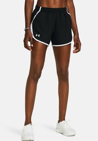 Svarta sportshorts med vita sidokanter, elastisk midja och en logotyp på nedre vänstra sidan. Lättviktsmaterial som passar för idrott.