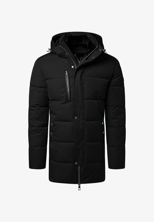 Schwarze isolierte Jacke mit eine Reißverschlusstasche auf der Brust, Druckknöpfen, Kapuze und einem gesteppter Design mit geradem Schnitt.