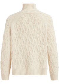 Pull en tricot écru, avec un col montant à côtes, un motif texturé, et des poignets et un ourlet à côtes. Présente des manches raglan.