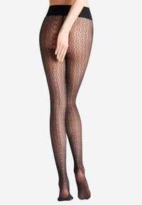Collant neri a motivo con un design trasparente, caratterizzati da un motivo floreale e una vita alta. La texture appare liscia e delicata.