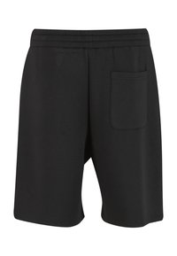 Shorts noirs mi-longs avec taille élastique et une poche plaquée unique sur le côté droit, fabriqués en tissu doux.
