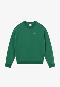 Grüner Pullover mit Rundhalsausschnitt, gerippten Bündchen und Saum. Beinhaltet ein kleines goldenes Logo auf der Vorderseite. Weiche Stoffstruktur.