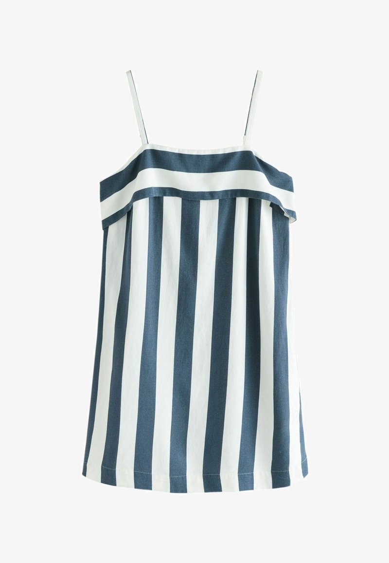 Robe sans manches avec fines bretelles, présentant de larges rayures verticales bleu marine et blanches, avec un volant à rayures horizontales traversant la poitrine.