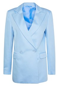 Blazer doppio petto azzurro chiaro realizzato in tessuto testurizzato, con collo a scialle, due tasche frontali e una fodera liscia simile alla seta.