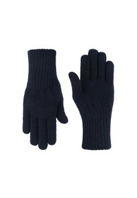 Marine gebreide handschoenen met geribbelde manchetten, voorzien van een zachte textuur en een standaard vijfvingerontwerp voor warmte en comfort.