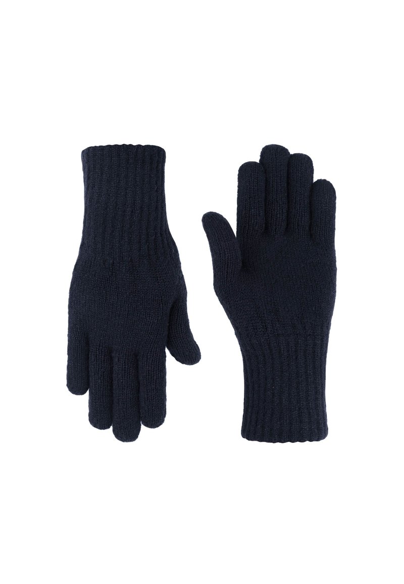 Marine gebreide handschoenen met geribbelde manchetten, voorzien van een zachte textuur en een standaard vijfvingerontwerp voor warmte en comfort.