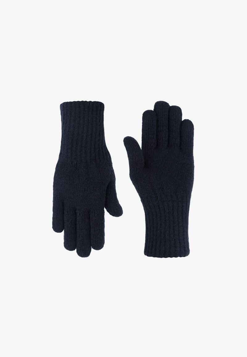 Marine gebreide handschoenen met geribbelde manchetten, voorzien van een zachte textuur en een standaard vijfvingerontwerp voor warmte en comfort.