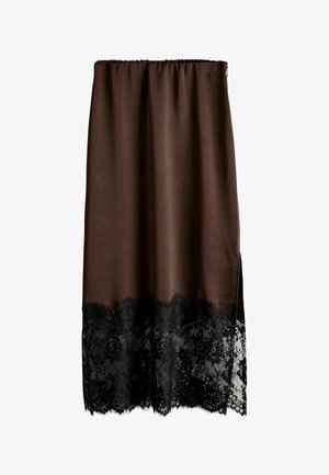 Brown satin skirt with a black floral lace hem and side slit, falling below the knee.