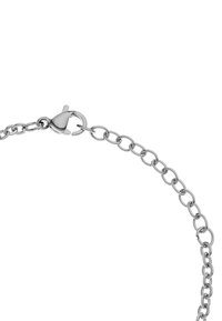 Catena in metallo argento con anelli ovali intrecciati, dotata di un gancio a moschettone per la chiusura. La superficie è liscia e riflettente.