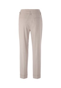 Light beige tailored trousers with a smooth texture, slim fit, two back pockets, and cuffed hems. Features belt loops and pleated front.