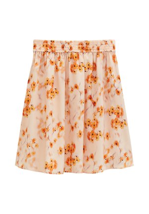 Jasnoróżowa spódnica z pomarańczowym kwiatowym nadrukiem i elastyczną talią, płynący materiał, długość do kolan.