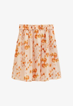 Jasnoróżowa spódnica z pomarańczowym kwiatowym nadrukiem i elastyczną talią, płynący materiał, długość do kolan.