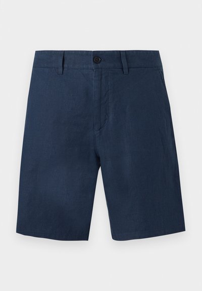 Shorts pour hommes bleu marine avec fermeture par bouton, passants pour ceinture et poches latérales, présentés à plat sur fond blanc.