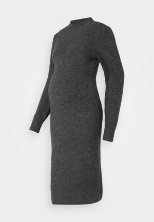 Gray, knitted maternity dress with long sleeves, ribbed texture, high neckline, and a form-fitting shape, reaching mid-calf length.