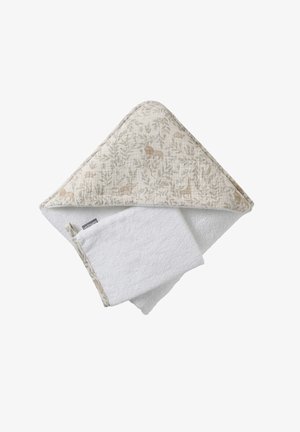 Kapuze Babyhandtuch aus lichtweißem Baumwollmaterial, mit einem beigen Tierdruck auf einem weichen, strukturierten Stoff und einem kontrastierenden einfarbigen weißen Handtuch.
