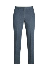 Pantalon slim-fit pour homme sur mesure en bleu avec fermeture par bouton, passants de ceinture et plis sur le devant de chaque jambe.