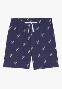 Mörkblå shorts i mjukt tyg, med vita fågelmönster, elastisk midja med dragsko och sidofickor.