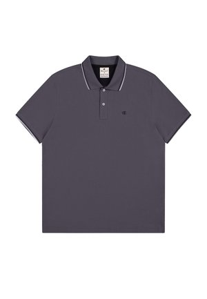 Gray polo shirt made of breathable fabric, featuring a two-button placket, flat collar, and subtle white stripe accents on the collar and sleeves.