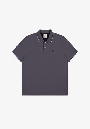 Gray polo shirt made of breathable fabric, featuring a two-button placket, flat collar, and subtle white stripe accents on the collar and sleeves.