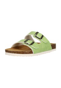 Grüne Sandalen mit zwei verstellbaren Riemen, Korkfußbett, weißer Gummi-Außensohle und einer glatten, samtigen Oberfläche im oberen Bereich.