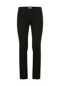 Zwarte broek van rekbare stof met een slim fit. Heeft een vlakke voorkant en achterzakken, geen zichtbare sluitingen, gladde textuur.