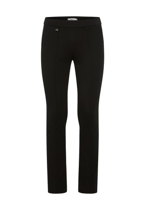 Black pants made of stretchy fabric with a slim fit. Feature flat front and back pockets, no visible fastenings, smooth texture.
