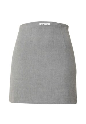 Grauer Minirock aus einem strukturierten Stoff, mit einem glatten, taillierten Design, einem sauberen Saum und einem Markenlabel auf der Rückseite.