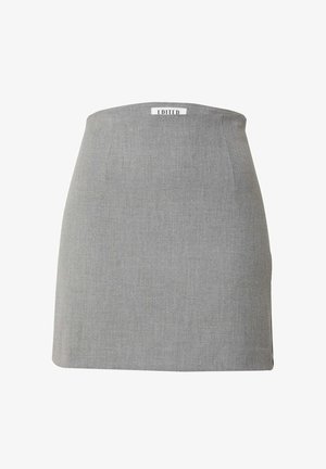 Grauer Minirock aus einem strukturierten Stoff, mit einem glatten, taillierten Design, einem sauberen Saum und einem Markenlabel auf der Rückseite.