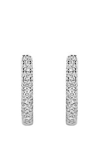 Silverhängeörhängen prydda med små, klara ädelstenar längs framsidan, med en jämn, polerad yta och en cylindrisk form.