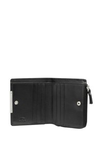 Portafoglio in pelle nera con più scomparti per carte, una sezione con zip e una chiusura a pressione. Texture liscia con sottili dettagli di cucitura.