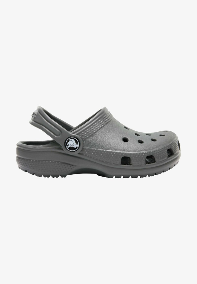 Gray rubber clog with ventilated holes, back strap, and textured sole. Lightweight design with rounded toe and smooth finish.