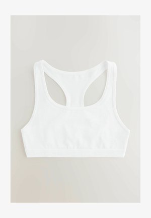 Biely športový podprsenka s prekrížením na chrbte, vyrobená z jemnej bavlny, s širokým pásom a diskrétnym značkovým textom a hladkou textúrou.