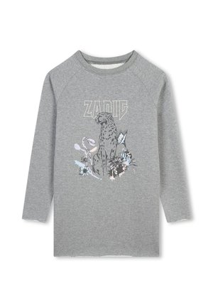 Chemise grise à manches longues avec le texte "ZADIG", avec un guépard assis entouré de fleurs et de plantes aux couleurs pastel sur le devant.