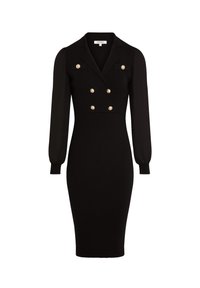 Robe en tricot noire avec de longues manches transparentes, fermeture à double boutonnage et boutons dorés. Silhouette moulante, longueur genou.