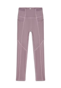Lichtpaarse legging gemaakt van rekbare stof met een hoge tailleband, voorzien van zijzakken en contrasterende stikdetails.