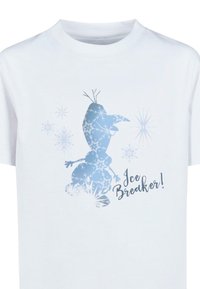 White t-shirt featuring a blue graphic of a snowman with snowflakes and the text "Ice Breaker!" in a playful font.