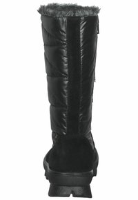 Bota negra impermeable hasta la rodilla con parte superior de nailon acolchado, borde de piel sintética, cierre de cremallera lateral y suela de goma texturizada.