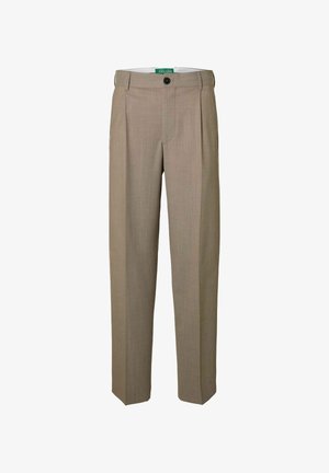 Beige, tailored trousers made of lightweight fabric. Features a waistband with a button closure, and two front pleats for a structured look.