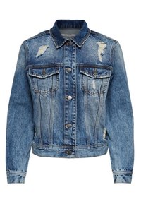 Blå denimjacka med krage, två bröstfickor, slitna detaljer och knäppning med knappar. Texturen är mjuk med en klassisk design.