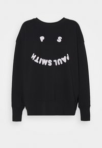 Sudadera negra de manga larga, con puños acanalados y un dobladillo curvado. Presenta letras blancas y juguetonas que dicen "PAUL SMITH" en un diseño sonriente.